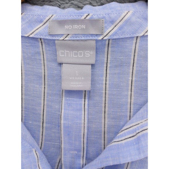 Chicos No Iron Linen Striped‎ Button Up Shirt Womens Size 1 M Blue White - Picture 7 of 9